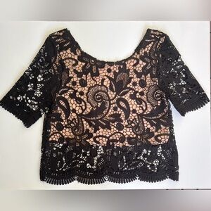 Sz S Black Floral Cut-out Crochet Crop Shirt Top Blouse